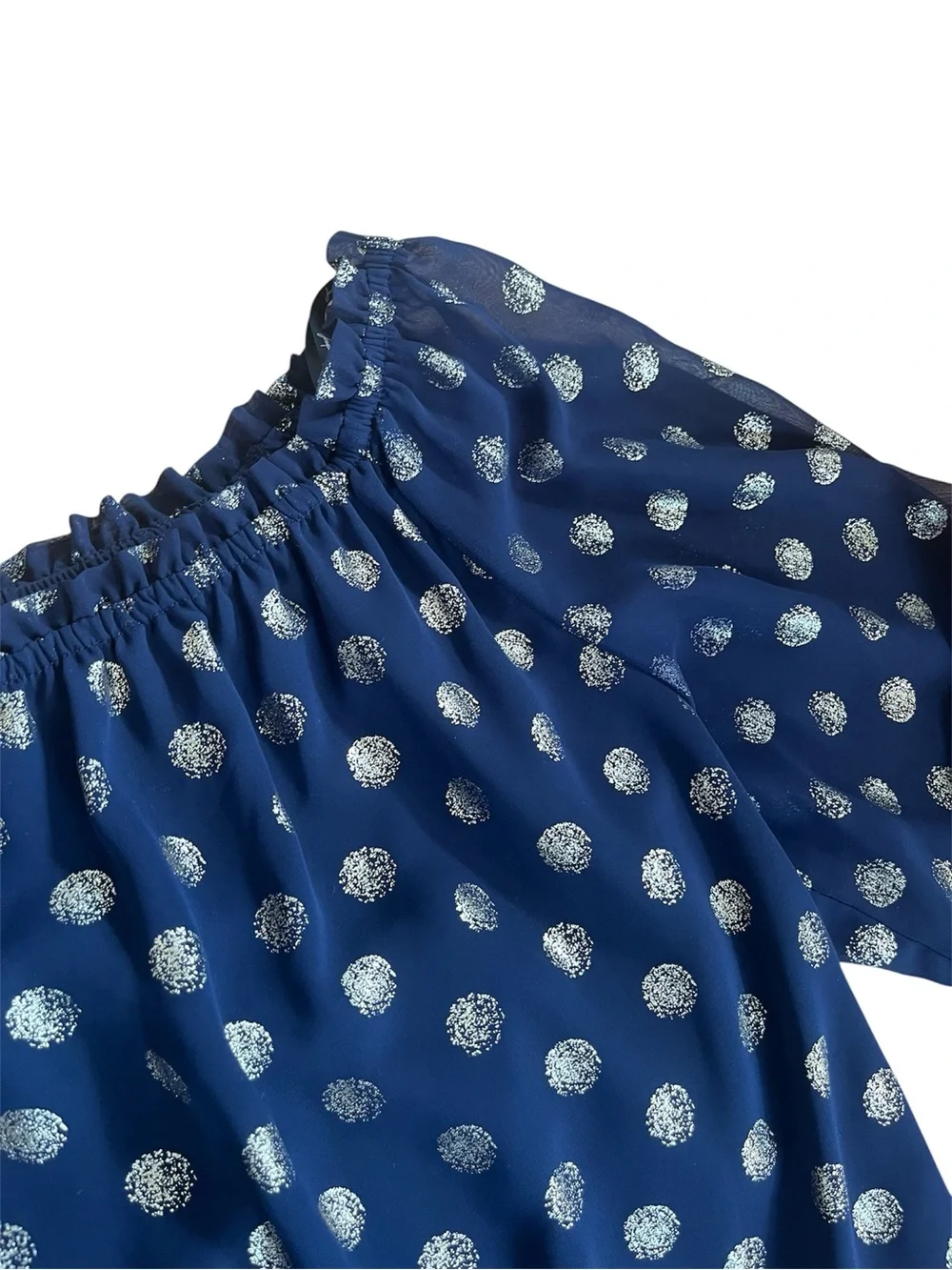 Joseph Ribkoff Navy and Gold Polka Dot Off-Shoulder Pillow Sleeve Ruffle Blouse - Picture 4 of 12
